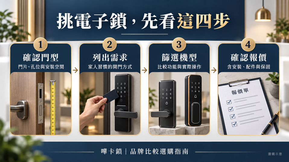 挑選電子鎖品牌步驟：確認門型、列出需求、篩選機型與確認報價